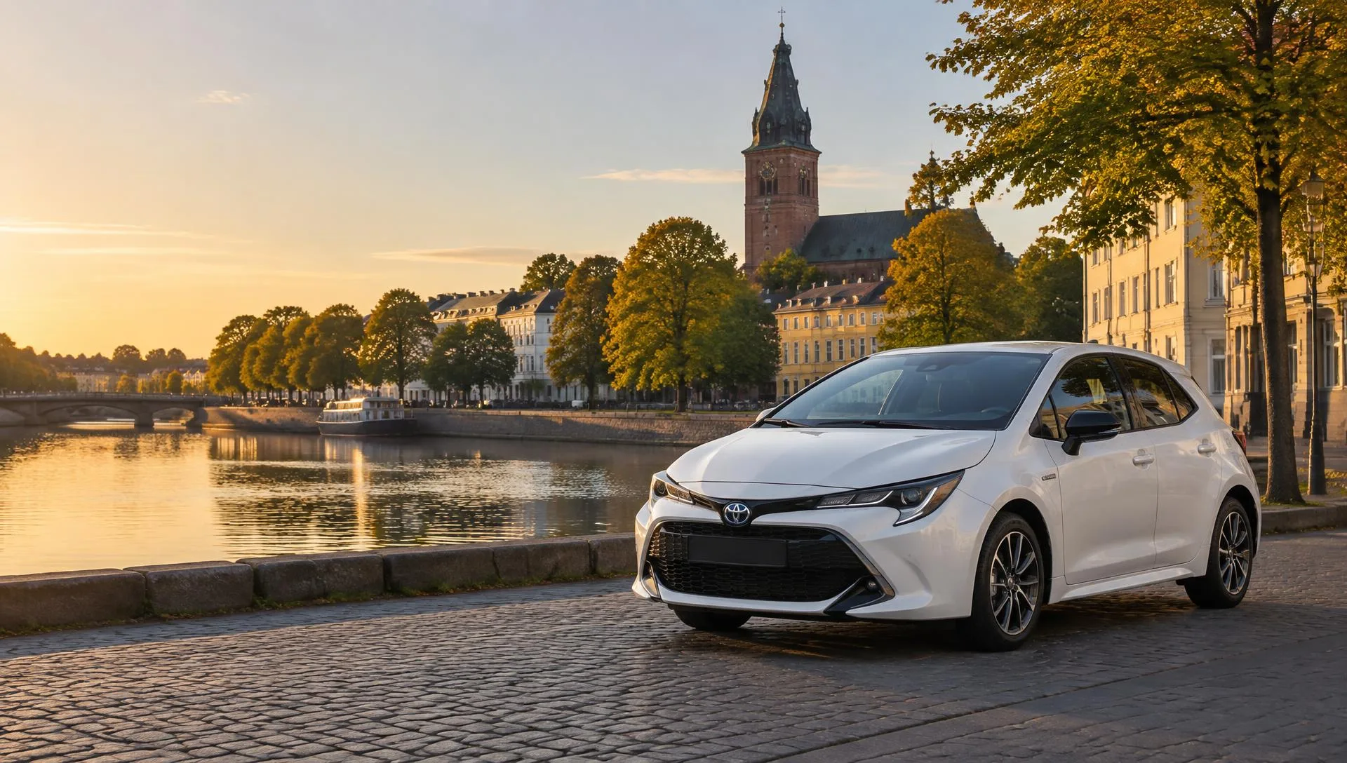 Valkoinen henkilöauto Aurajoen rannalla Turun keskustassa
